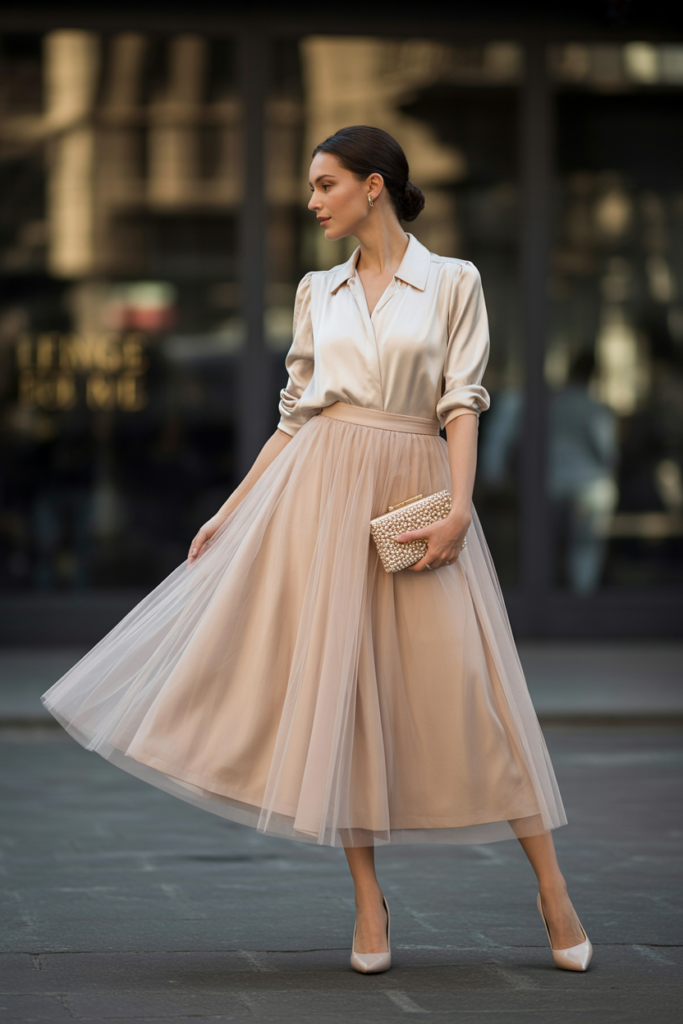 Tulle Midi Skirt + Silk Blouse for a Formal Event Look