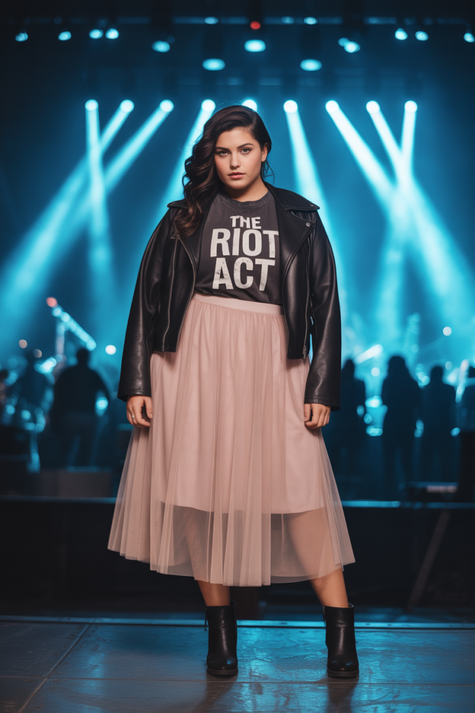 Tulle Skirt With Moto Jacket And Band Tee
