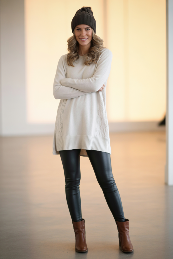 Tunic Sweater With Faux Leather Leggings