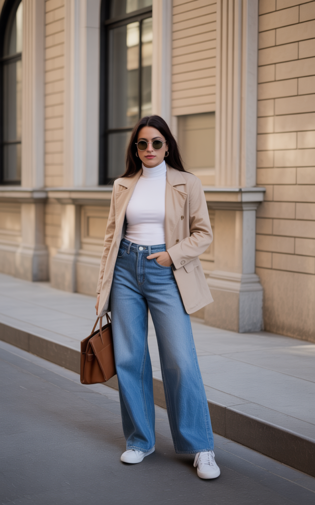 Turtleneck + Wide-Leg Jeans + White Sneakers