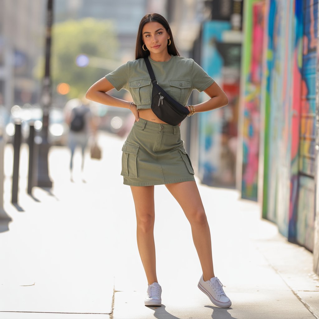 Two-Piece Cargo Skirt Set With Sneakers