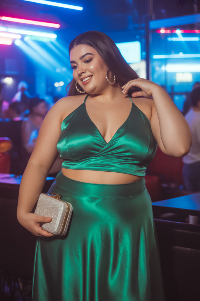 Two-Piece Set (Crop Top + Midi Skirt) + Gold Hoops