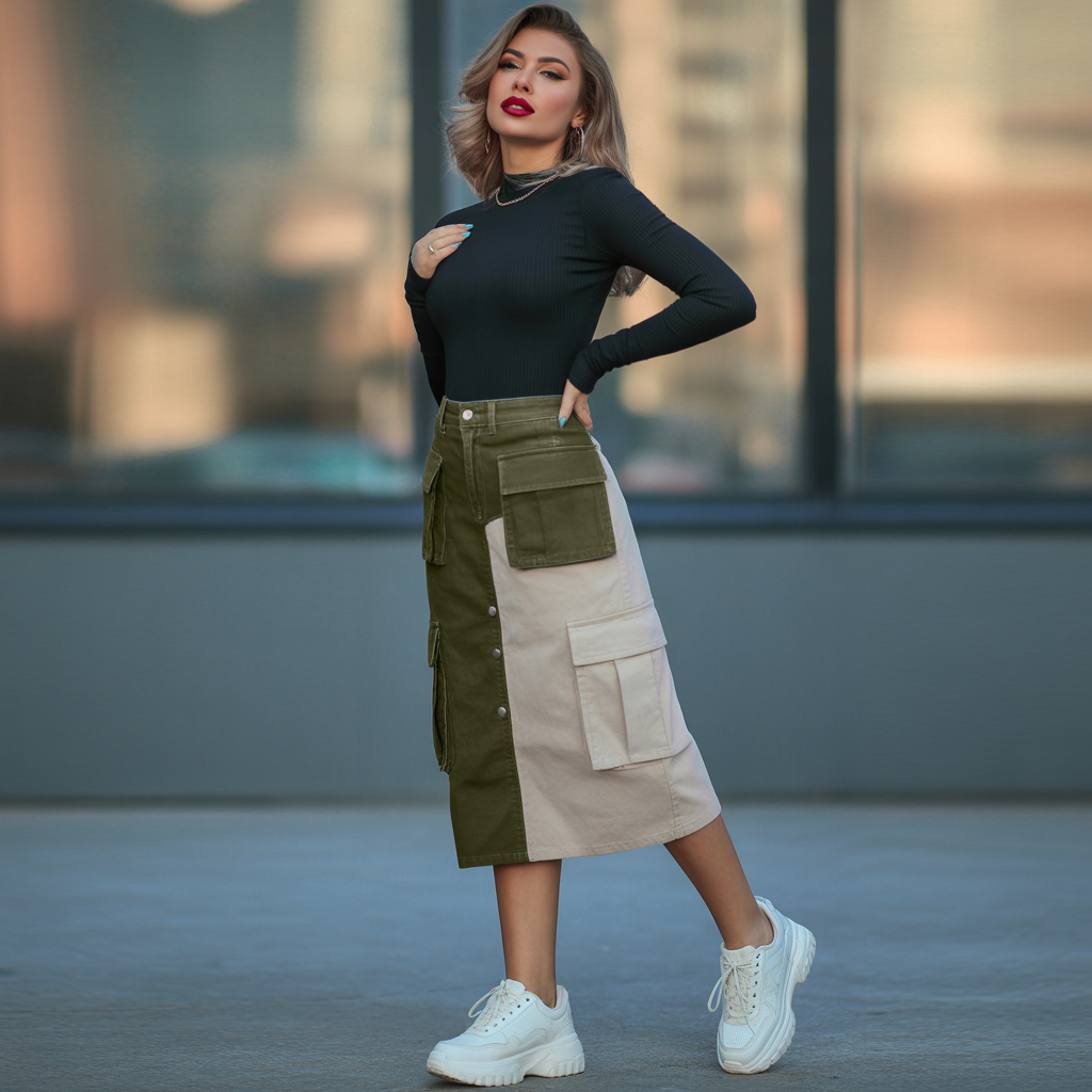 Two-Tone Cargo Skirt With Long Sleeve Bodysuit