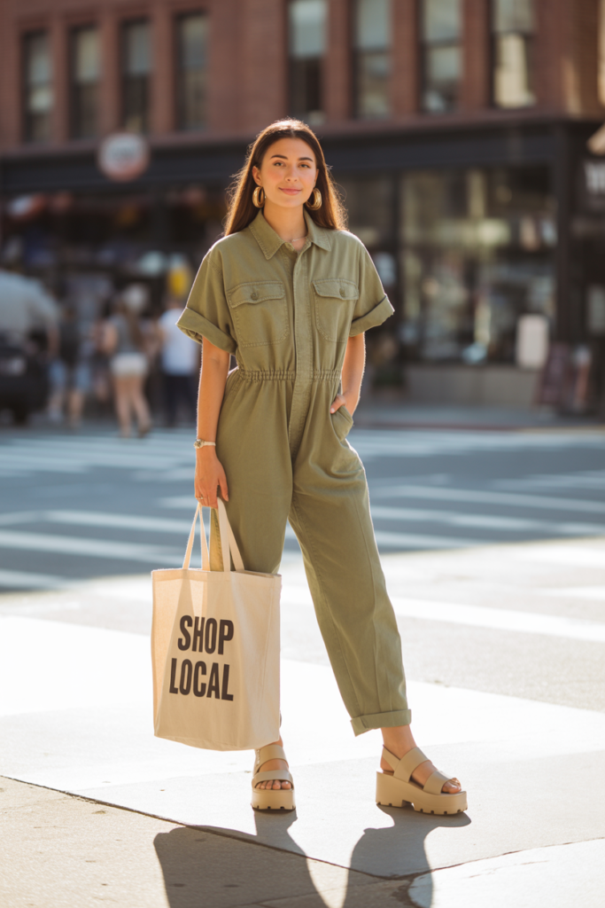 Utility Jumpsuit + Platform Sandals