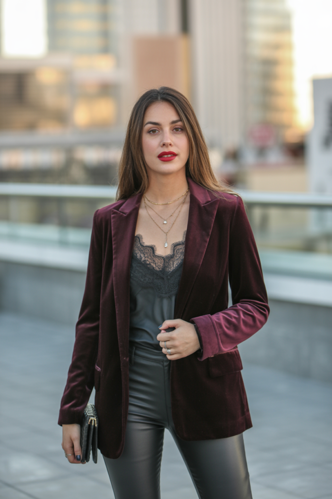 Velvet Blazer + Leather Pants + Lace Cami
