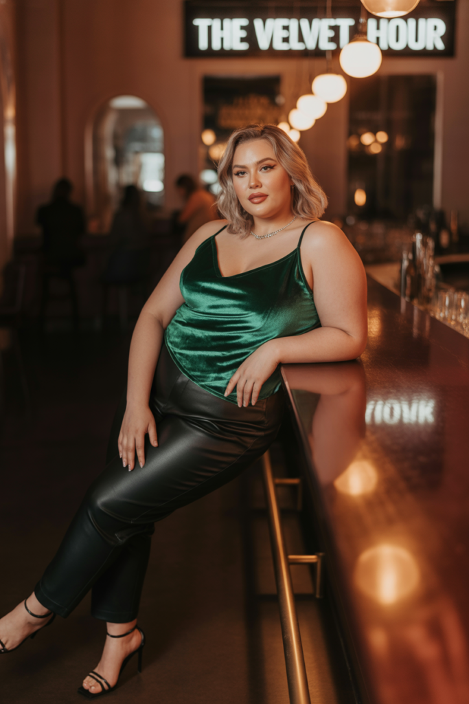 Velvet Cami + Leather Pants + Strappy Heels