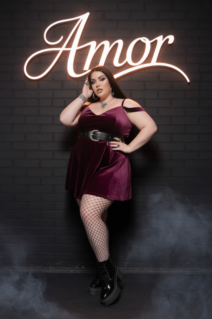 Velvet Mini Dress With Fishnets And Ankle Boots