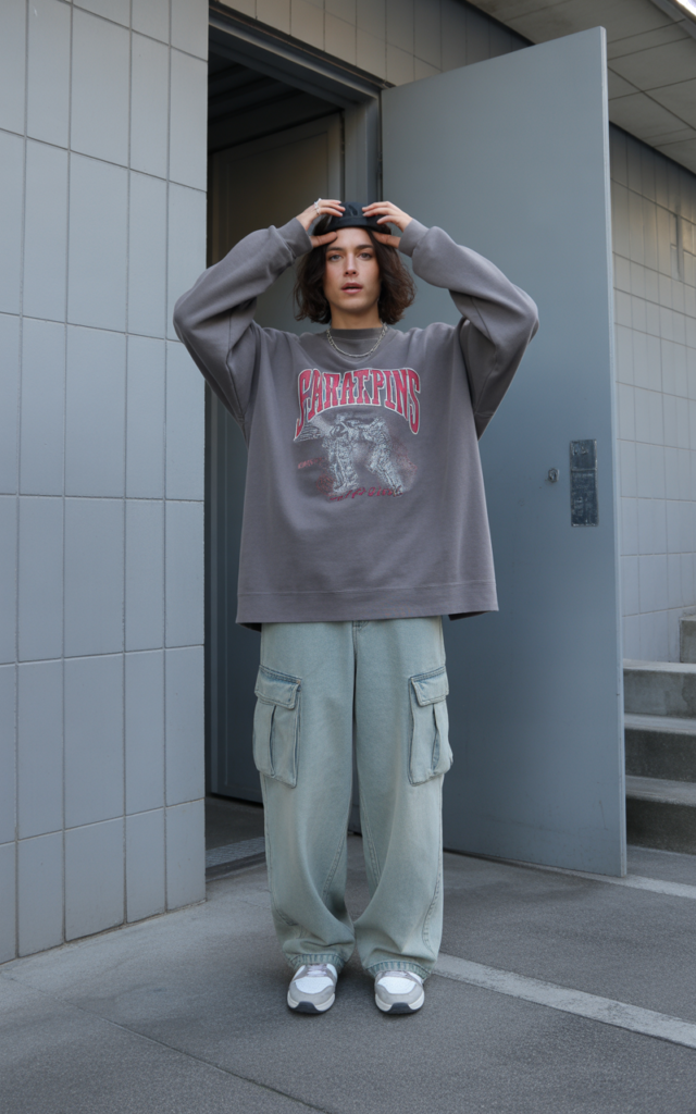 Washed Denim Cargos + Graphic Sweatshirt