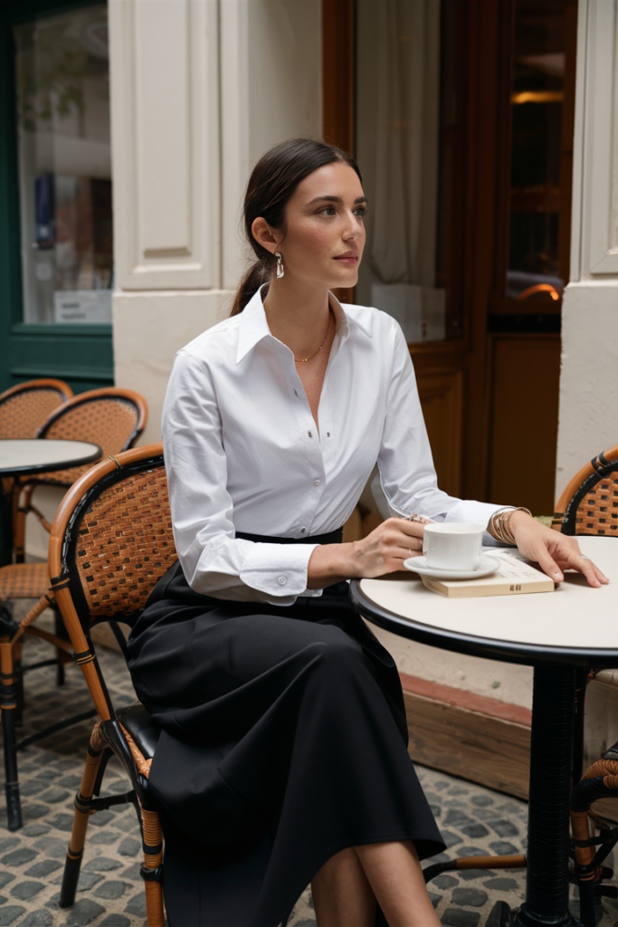 White Button-Down Shirt & Black Skirt