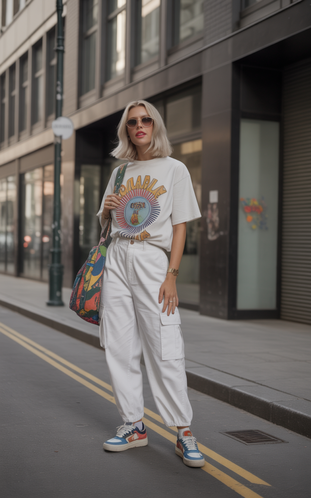 White Cargos + Graphic Tee + Colorful Sneakers