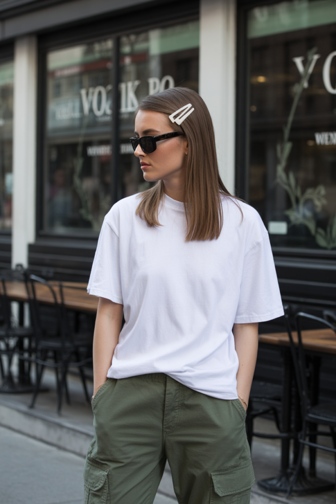 White Tee + Cargo Pants + Sleek Hair Clip