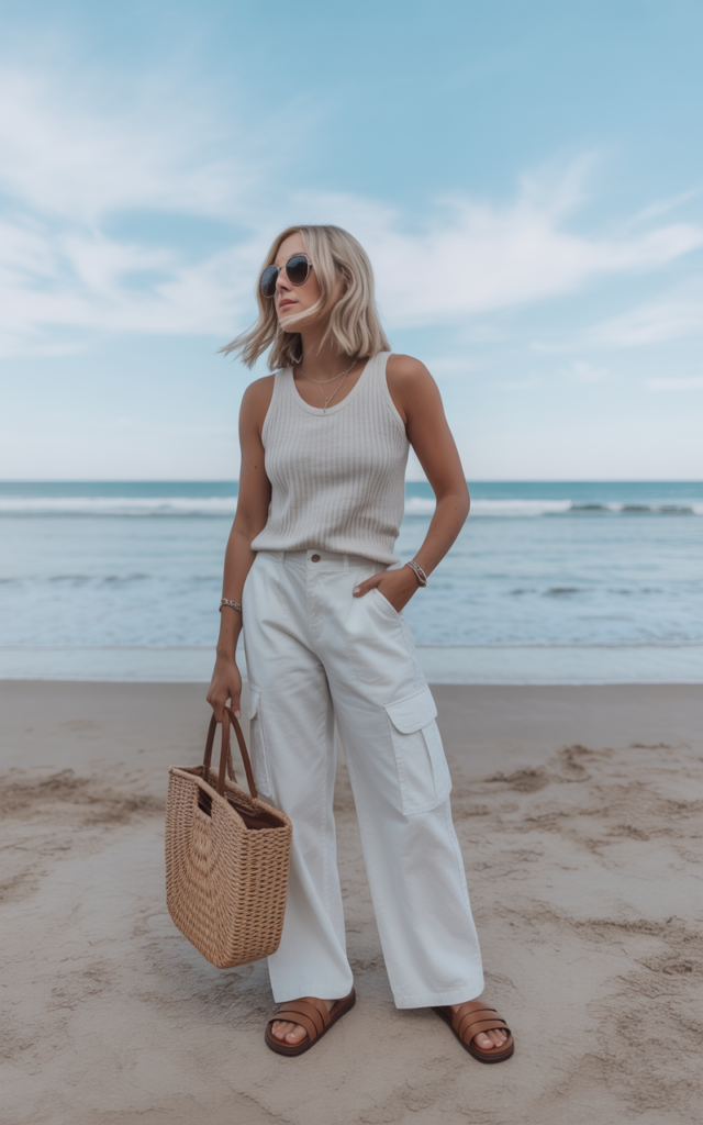 White-Washed Cargos + Knit Tank + Slides