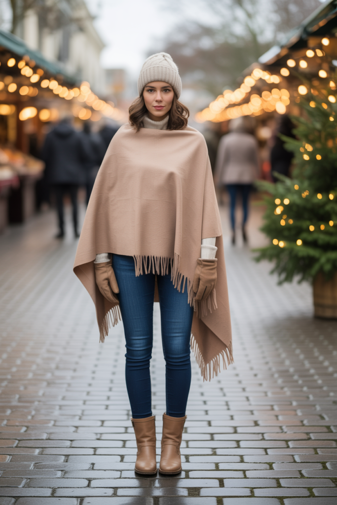 Wool Poncho + Skinny Jeans + Cold-Weather Accessories