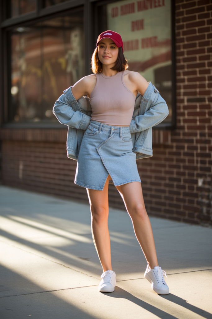 Wrap Denim Skirt With Tank And Sneakers