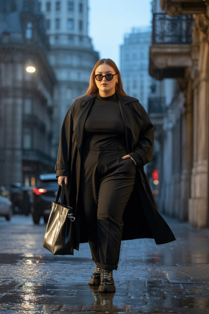 Oversized Trench Coat With All-Black Base And Creepers