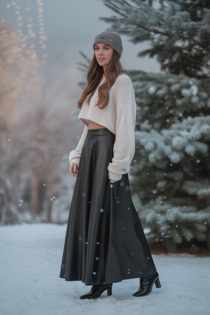 Leather Maxi Skirt with Cropped Knit Sweater