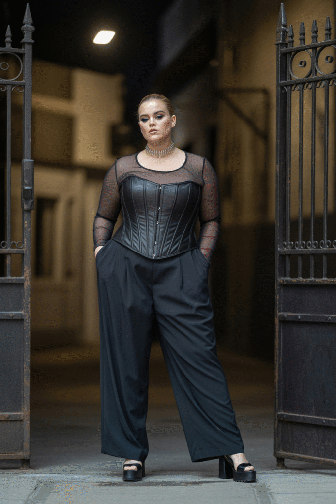 Corset Over Mesh Top with Wide-Leg Pants and Platform Heels