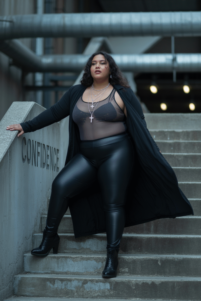 Leather Look Leggings with Mesh Bodysuit and Cross Jewelry