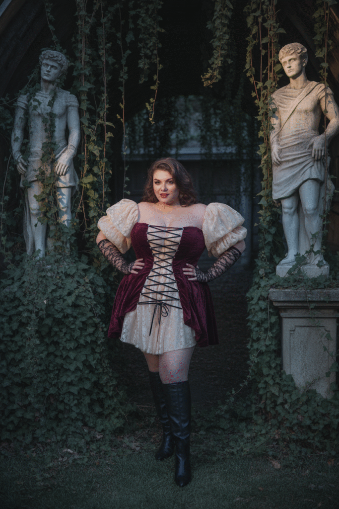 Lace-Up Corset Dress with Statement Sleeves and Gloves