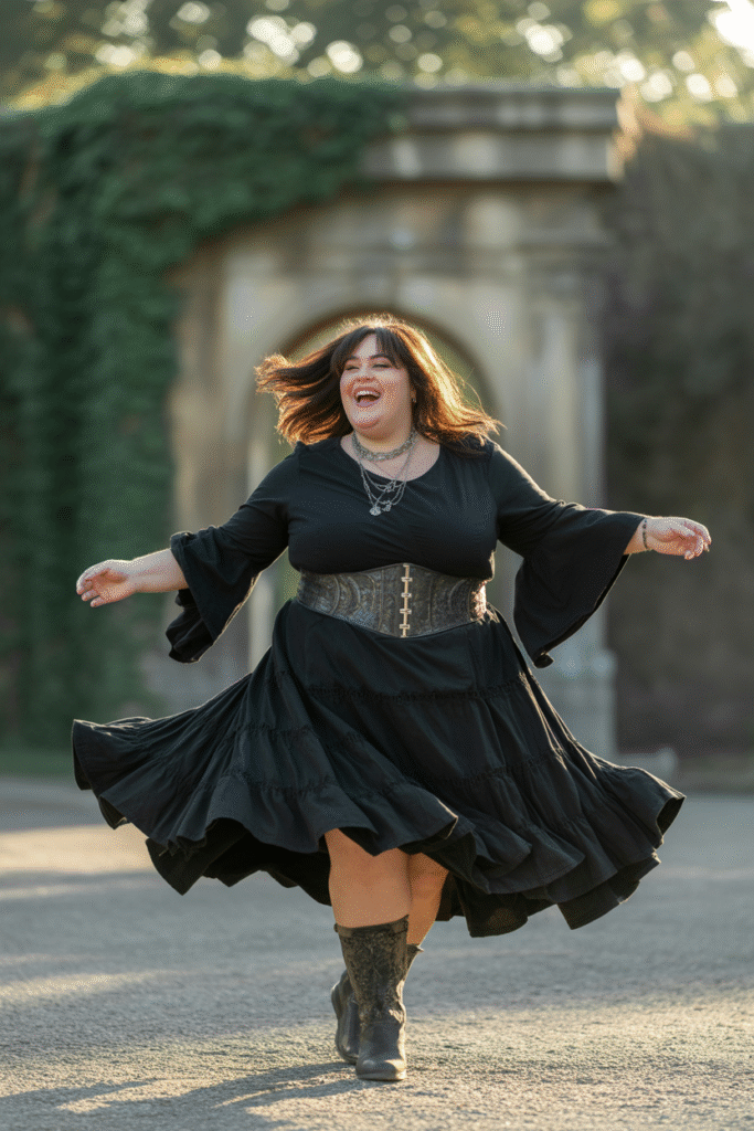 Flowy Bell-Sleeve Top with Tiered Skirt and Waist Belt