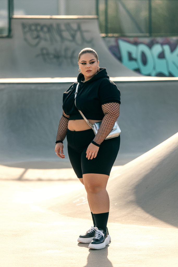 Cropped Hoodie with Biker Shorts and Arm Warmers