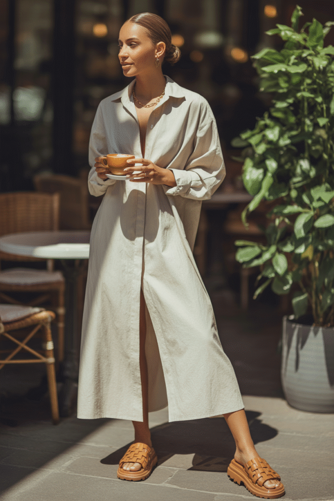 Shirt Dress and Chunky Sandals