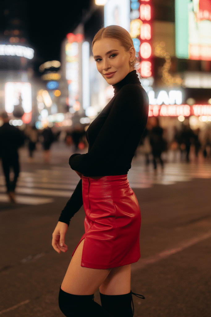 Red Leather Mini Skirt with Black Turtleneck