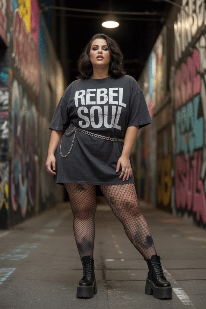 Oversized Graphic Tee Dress With Fishnets Plus-size woman rocking an oversized black graphic tee dress, ripped fishnet tights, and high-platform combat boots. Urban street style setting with graffiti walls. Bold, rebellious vibe with chain belt and dark, smokey makeup.