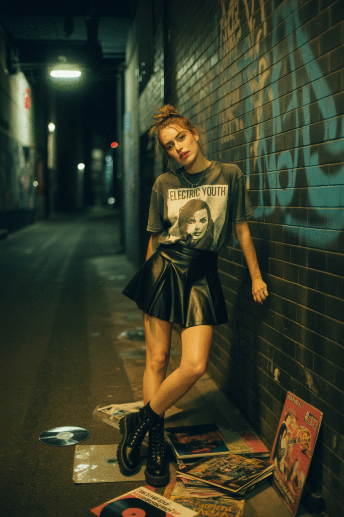 Black Leather Skater Skirt with Graphic Tee and Combat Boots