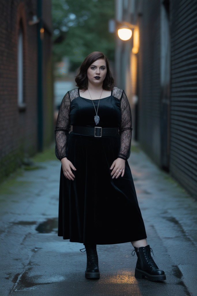 Black Velvet Midi Dress with Lace Sleeves and Combat Boots