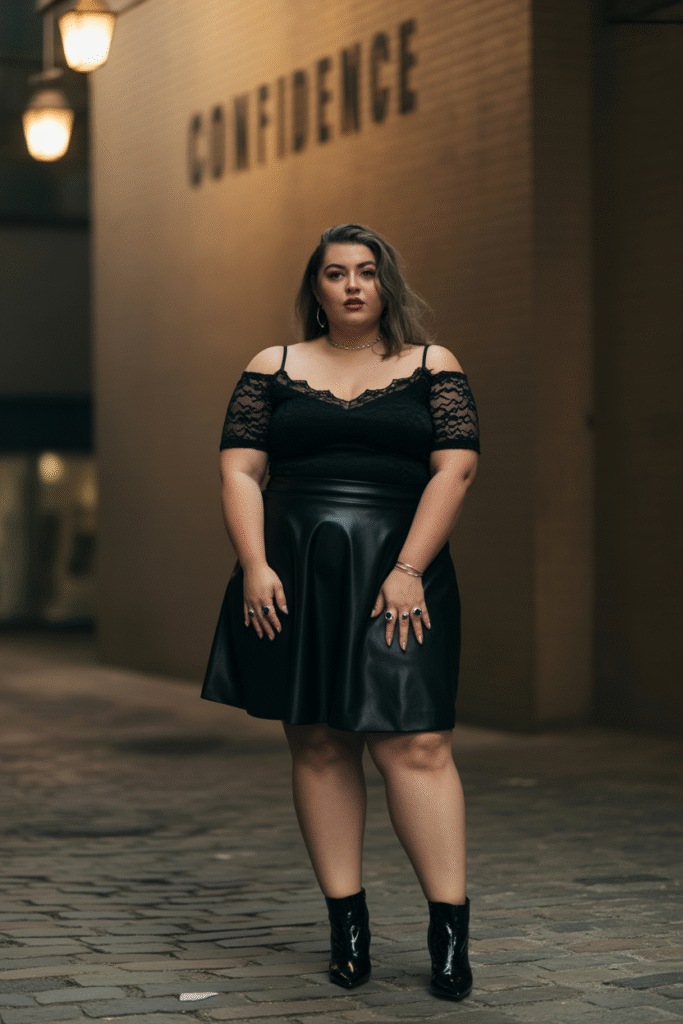 Off-Shoulder Lace Top with High-Waisted Leather Skirt