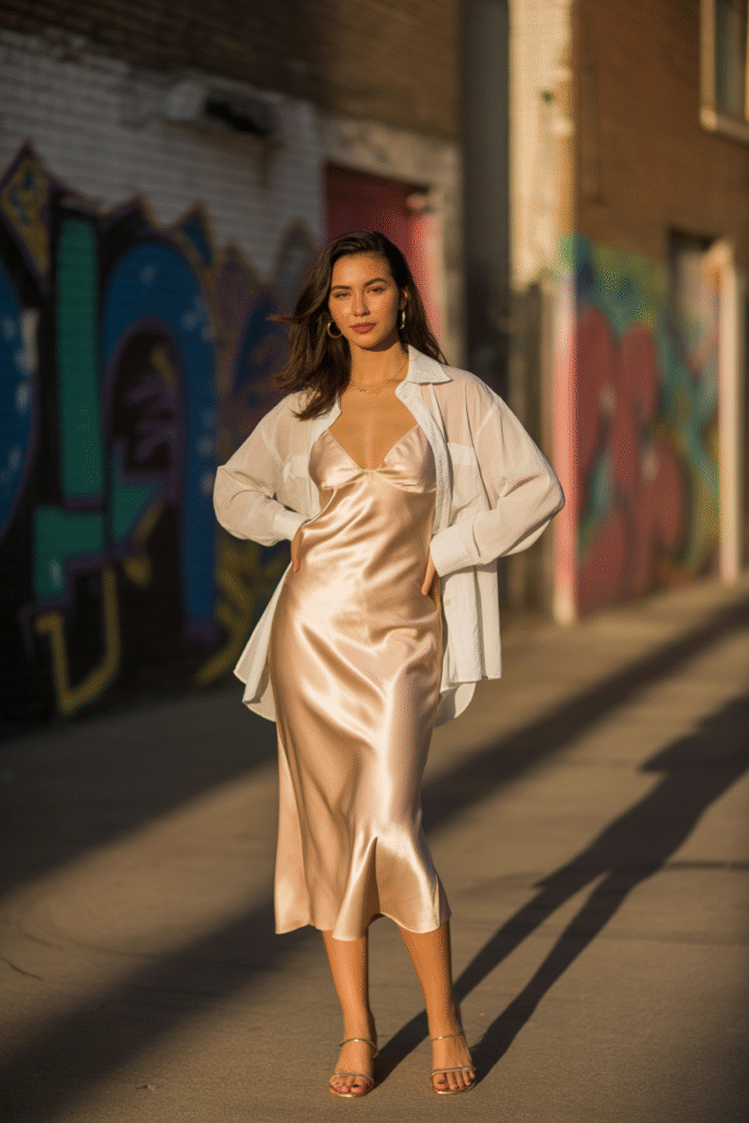 Slip Dress with Oversized Button-Up