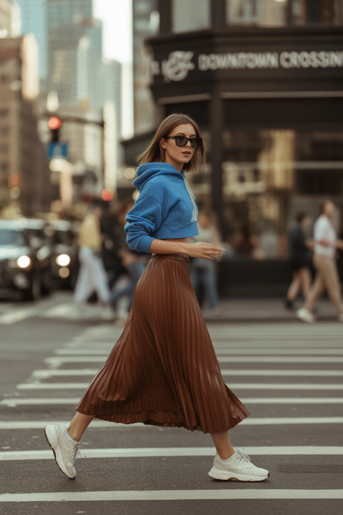 Pleated Leather Maxi Skirt with Cropped Hoodie
