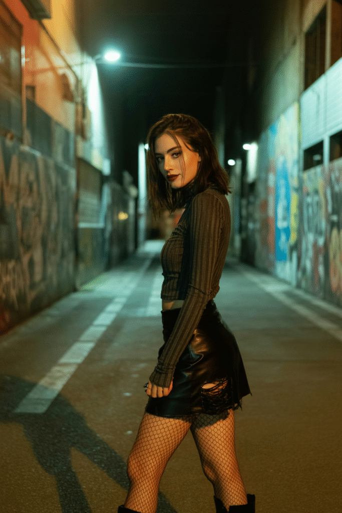 Distressed Leather Skirt with Ribbed Long Sleeve