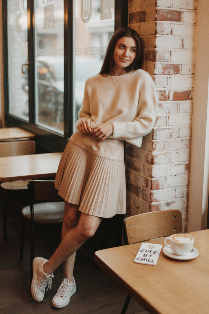 Soft Knit Top and Pleated Mini Skirt