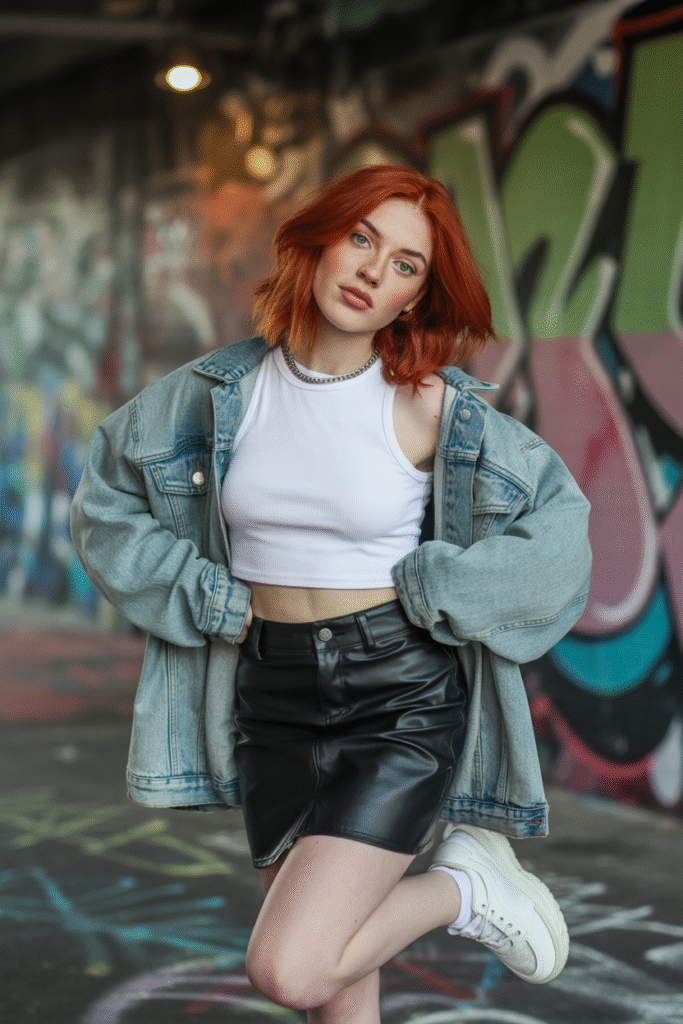 High-Waisted Leather Skirt + Crop Top + Denim Jacket 