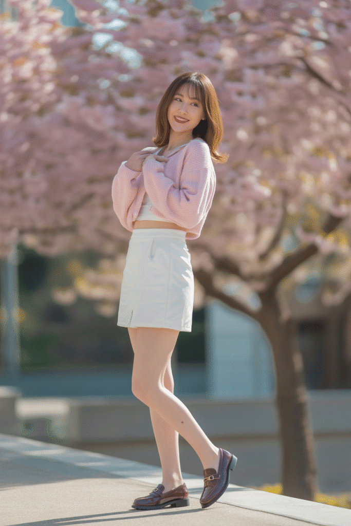 White Leather Mini Skirt with Pastel Cardigan