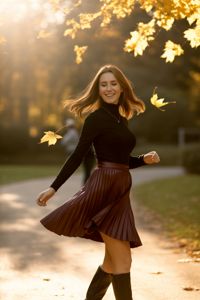 Burgundy Pleated Leather Skirt with Fitted Turtleneck