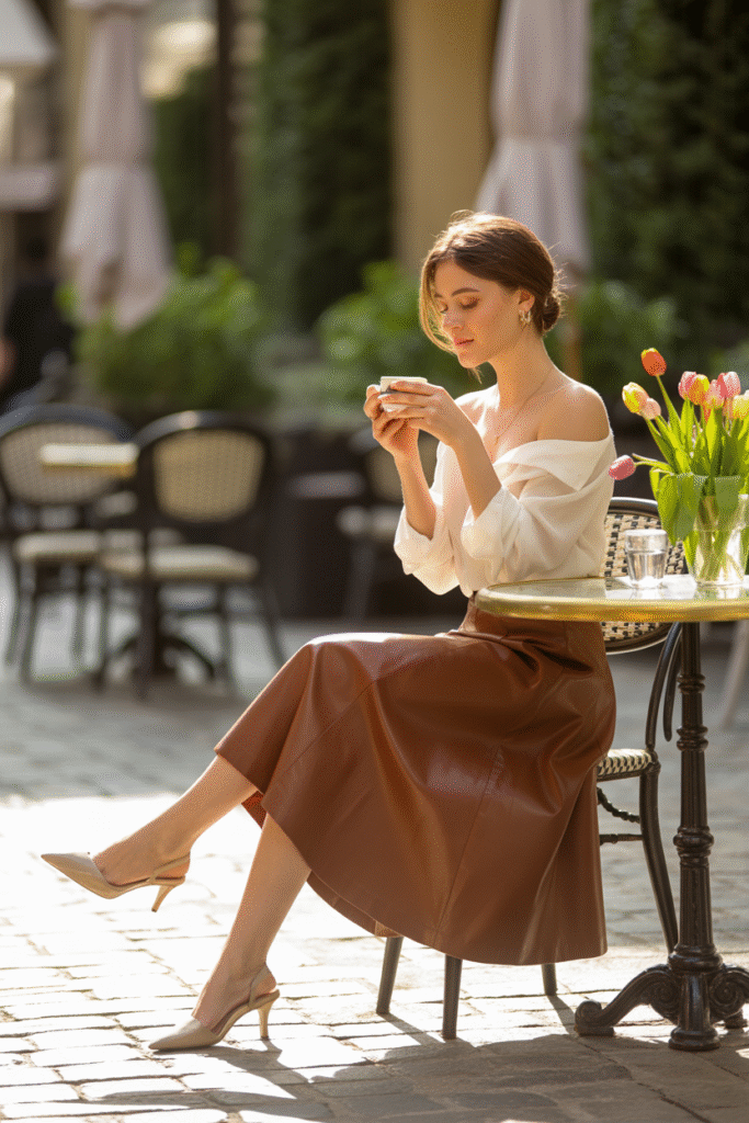 Leather Midi Skirt with Off-Shoulder Top