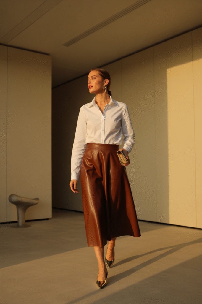 Brown Leather Midi Skirt with White Button-Down Shirt