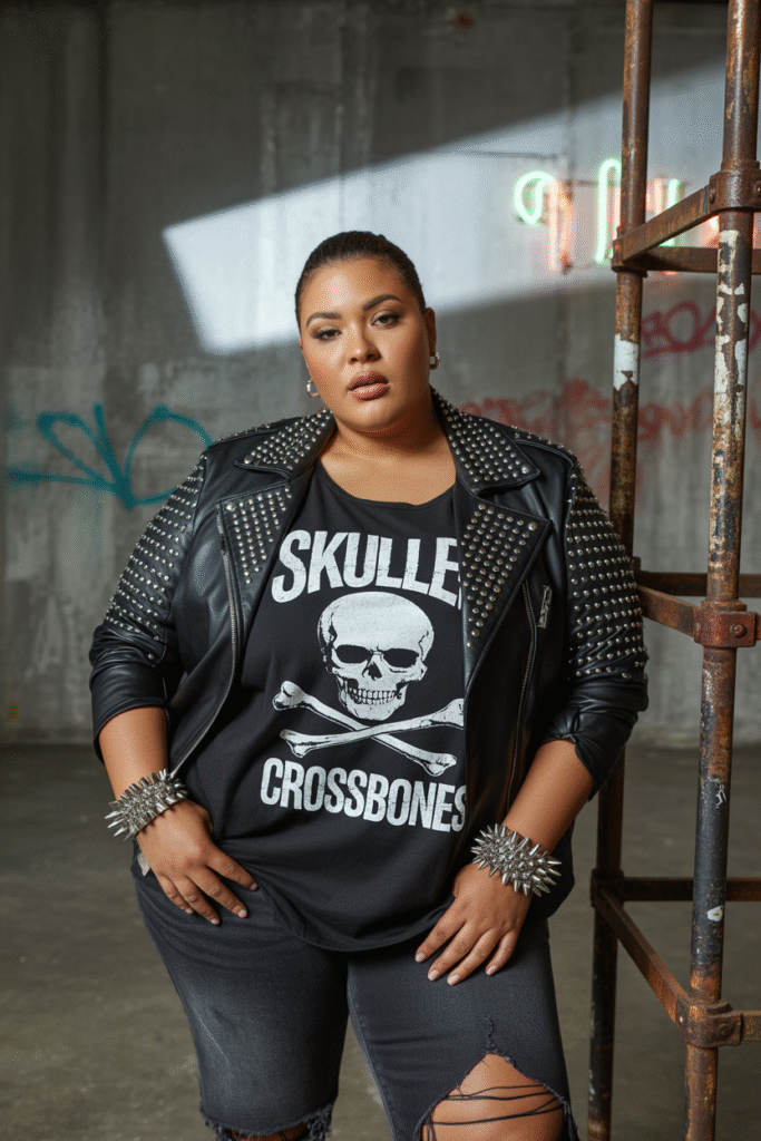 Studded Moto Jacket with Ripped Jeans and Skull Print Tee