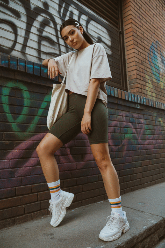 Oversized Tee, Biker Shorts, and Sneakers