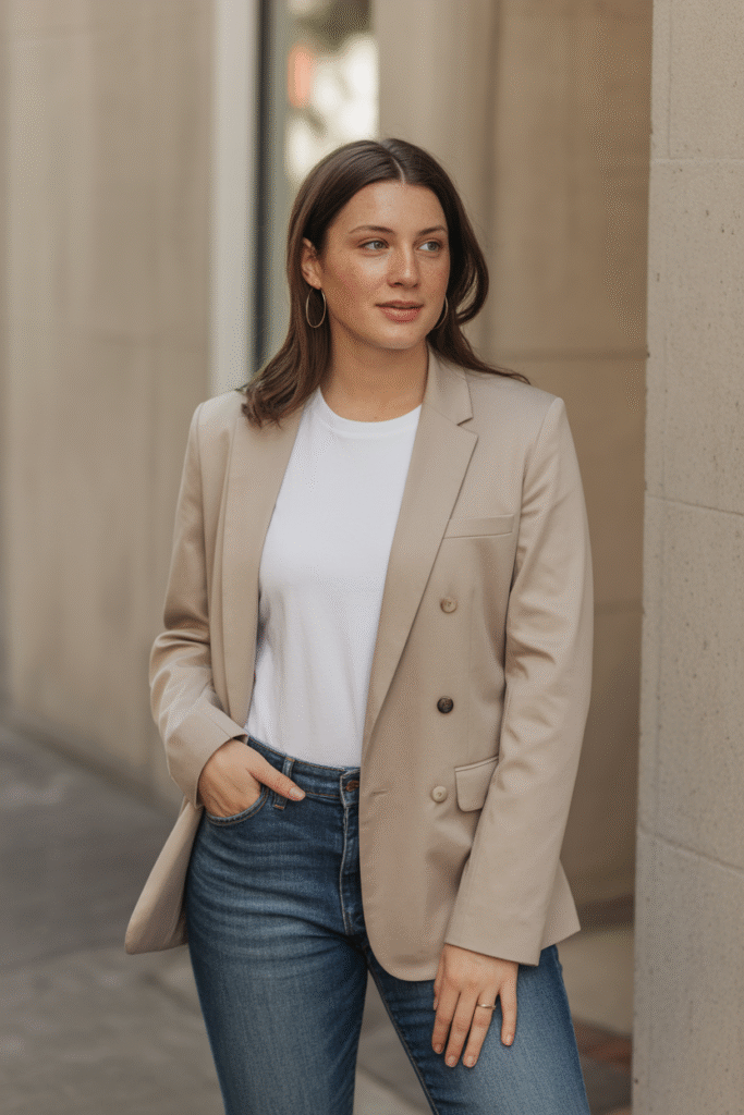 Beige Blazer Styled with a White Tee and Jeans