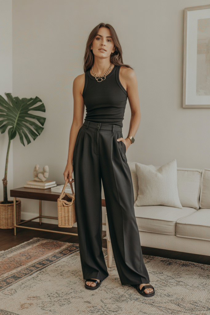 Black Tank Styled with Wide-Leg Trousers