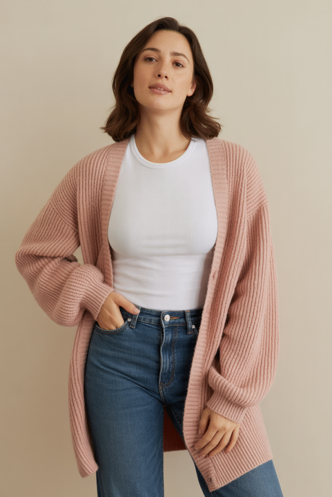 Fitted Tee Layered with a Cardigan and Jeans