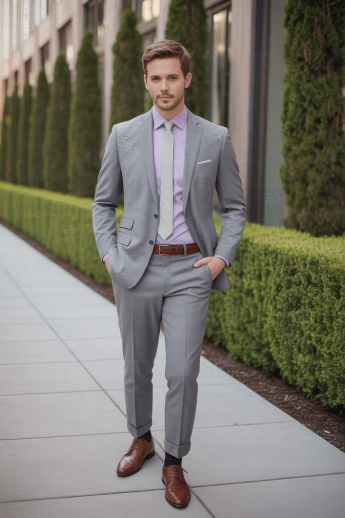Grey Suit with Pastel Shirt A grey suit offers a neutral canvas that pairs beautifully with soft pastel shirts like mint green, lavender, or blush pink. This combo is perfect for spring events, daytime weddings, or professional gatherings where you want to appear approachable yet sophisticated. Complete the look with a contrasting tie and brown or oxblood leather shoes for added warmth.