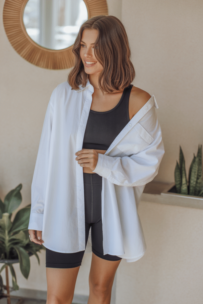 Oversized Button-Up Worn with Biker Shorts