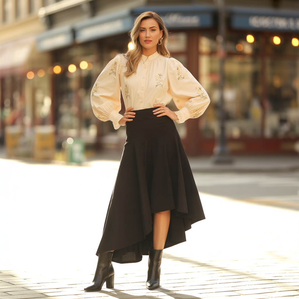 Asymmetric Skirt with a Statement Blouse