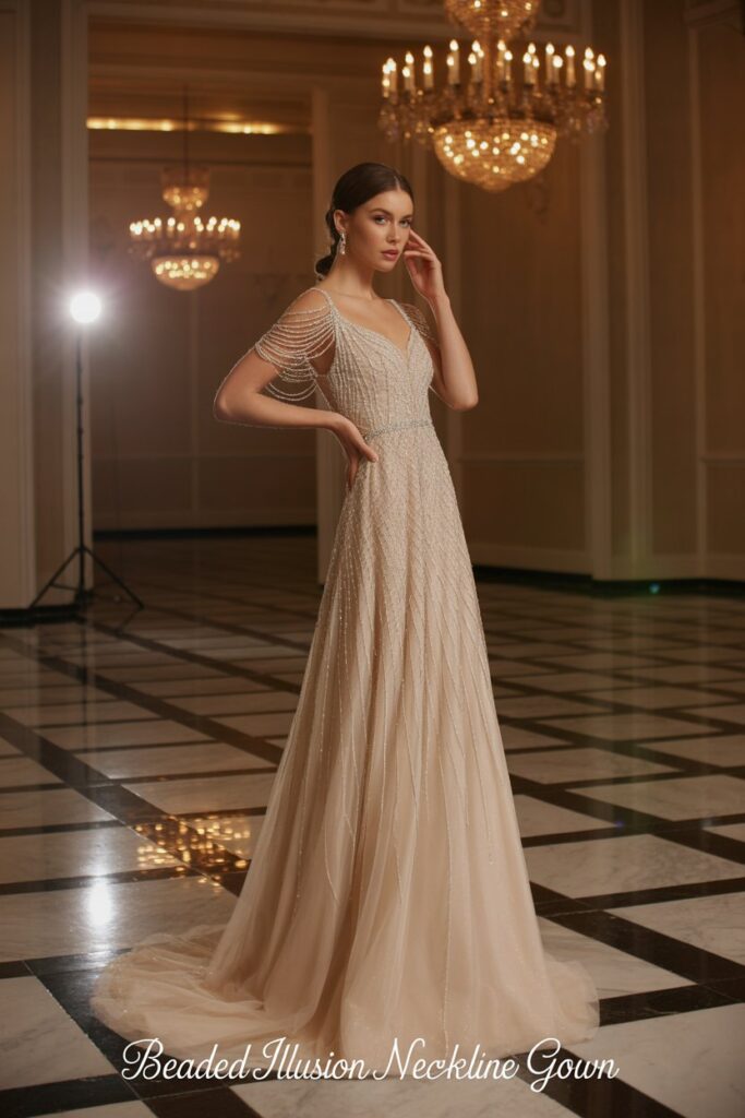 Beaded Illusion Neckline Gown