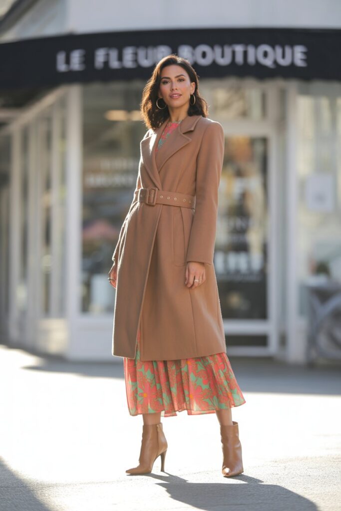 Belted Midi Coat + Printed Dress